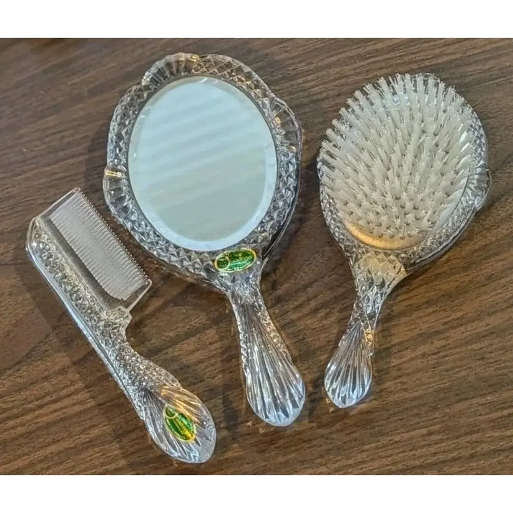 Vtg 3 Pc Godinger Crystal Victorian Style Dresser Vanity Set Mirror Brush Comb